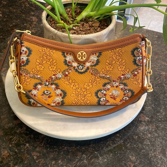 Tory Burch Handbags - Tory Burch Floral Embroidered Yellow and Brown Bag EUC